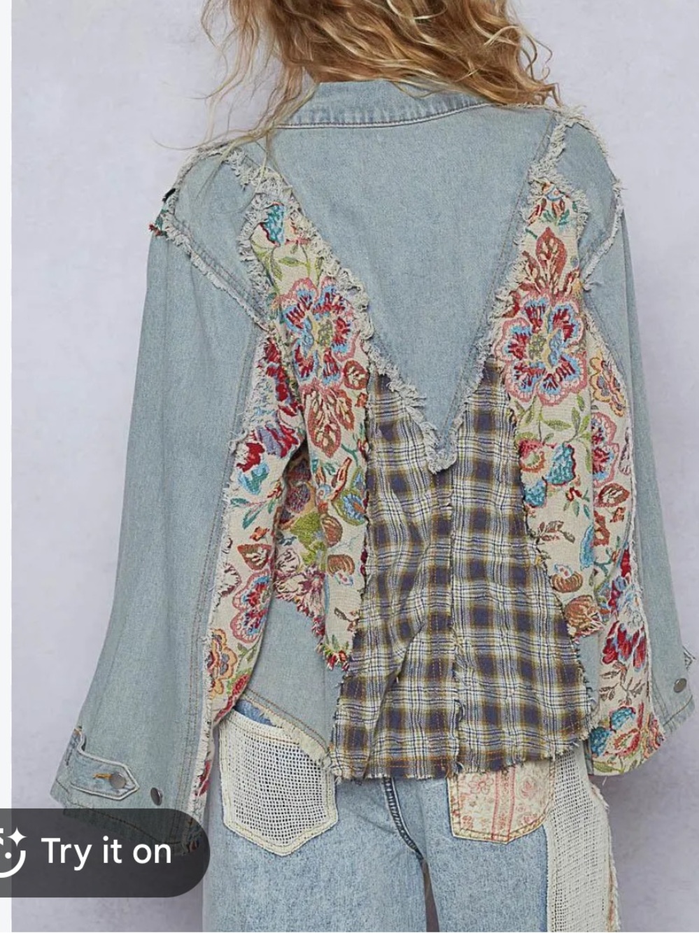 POL womans boho Light Blue Patchwork Denim Jacket size S oversized